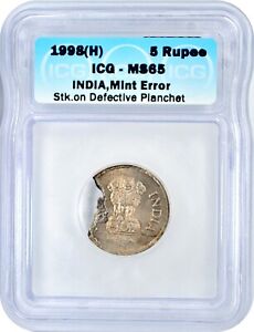 1998 (H) India 5 Rupees MINT ERROR Struck on Defective Planchet ICG MS65