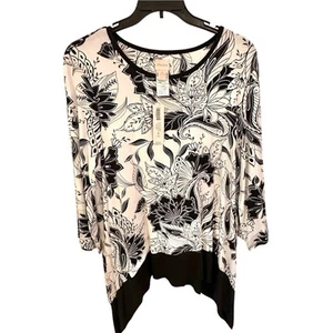 Chicos Size XL 3 Moonlight Floral Sharkbite Hem Top 3/4 Sleeve Black White - Picture 1 of 7
