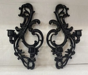 VTG Pair Sexton French Style Black Cast Metal Double Candle Holders Wall Sconces - Picture 1 of 8