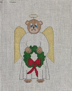 Teddy Bear Angel with Wreath, Hand Painted Needlepoint Canvas - Picture 1 of 1
