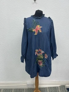 Zara Size M Dress Chambray Pockets Heavily Embroidered Frill Boho Prairie Short - Picture 1 of 15