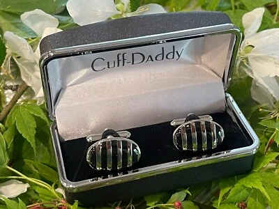 Cuff-Daddy Cufflinks Black Enameled Striped on Silver Tone Oval in Box - Image 1 of 4
