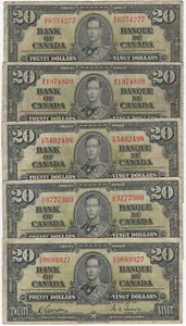 Bank of Canada 1937 $20 Dollars Lot of 5 Vintage Notes King George VI $100 Face - Bild 1 von 2