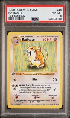 Base Set 1st Edition RATICATE #40/102 PSA 8 1999 Pokemon Card Game - Image 1 of 2