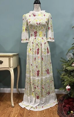 Vestido Antik Batik XS/36 Fanya Boho Floral Bordado Transparente Maxi Cottage Core - Imagem 1 de 4