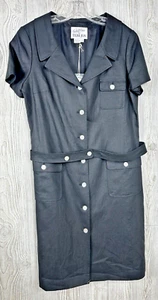 Vintage Rickie Freeman Teri Jon Black 100% Linen S/S Belted Shirt Dress Size 14 - Picture 1 of 15