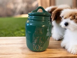 Rae Dunn “LUCKY DOG” Green Canister Jar Puppy Treats Rainbow 6.5”Hx 4”D - Picture 1 of 5