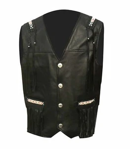 Hombres American Western Vaquero Negro Cuero Flecos Chaleco Huesos Cuentas NV14 - Imagen 1 de 3