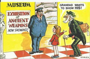 Vintage 1970's Bamforth COMIC Postcard (new old stock) Ancient weapons #485 - Imagen 1 de 2