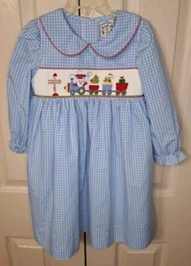 Neu ohne Etikett Three Sisters Kleinkind Mädchen blau kariert L/S Weihnachten gesmoktes Kleid Größe 4T - Bild 1 von 5
