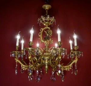 LARGE ANTIQUE VINTAGE CHANDELIER BRASS CRYSTAL 8 LAMPS RARE FIGURE LADY PARASOL - Picture 1 of 10