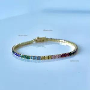 Solid 14k Yellow Gold Rainbow Sapphire Ombre Gradient Multicolor Tennis Bracelet - Picture 1 of 5