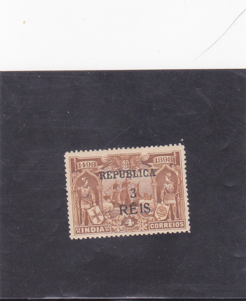 PORTUGUESE INDIA VASCO da GAMA  SURCHARGED  3 r.  s/4 T  (1914) - Image 1 of 1