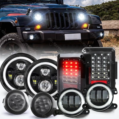For Jeep Wrangler JK 2007-2018 Turn Tail Lamp Combo 7" LED Headlights Fog Lights - Image 1 of 4