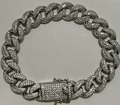 PLATA ESTERLINA 925 Miami Cuban 11.5mm Cz Pulsera 8” Caja de Hielo Semisólida Cerradura Nueva Foto 1 de 4