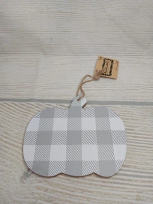 New! Pumpkin Wood Sign Gray Buffalo Plaid Check Farmhouse Decor Fall Wreath - Image 1 of 4