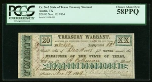 1864 Texas Treasury Warrant $20, Civil War Obsolete Banknote Currency, PCGS 58 - Picture 1 of 6