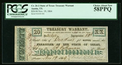 1864 Texas Treasury Warrant $20, Civil War Obsolete Banknote Currency, PCGS 58 - Image 1 of 4