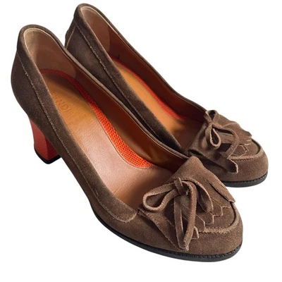 Fendi Austen Loafer Pumps high heels EU 38 US 8 brown suede orange leather - Image 1 of 4
