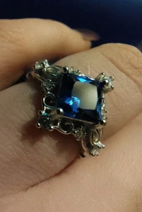 Sterling Silver 925 Princess Simulated London Blue Topaz  Size 6 Ring - Picture 1 of 13