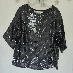 Oleg Cassini Medium Seide Vintage 80er Pailletten Perlen schwarz zum Binden Damen Top Disco - Bild 1 von 9