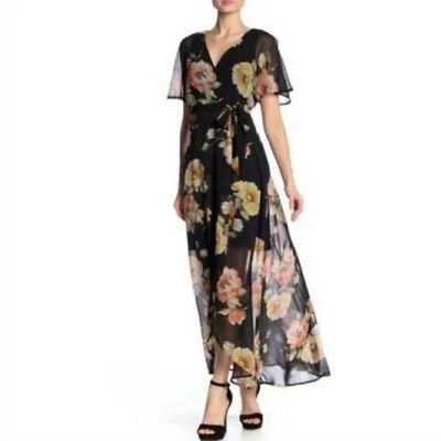 Vestido envolvente floral negro transparente Luxology para mujer manga 12 aleteada oscuro Cottagecore Foto 1 de 4