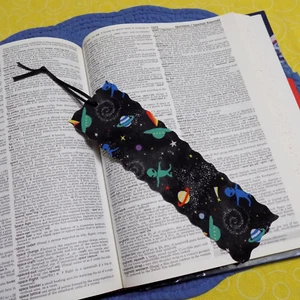 Bookmark Handmade Fabric or Cloth ALIENS OUTER SPACE with Black Grosgrain Ribbon - Picture 1 of 3
