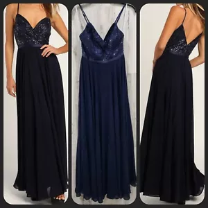 Maxi abito LULUS Memorable Mystique blu navy con paillettes ** splendida taglia MEDIA ** NUOVO CON ETICHETTE * - Foto 1 di 14