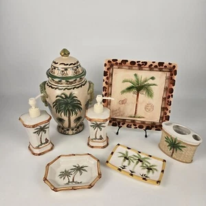 Palm Tree Ceramic Bathroom Set 7-Pc With Tray Jar Soap Dispenser & More - Picture 1 of 24