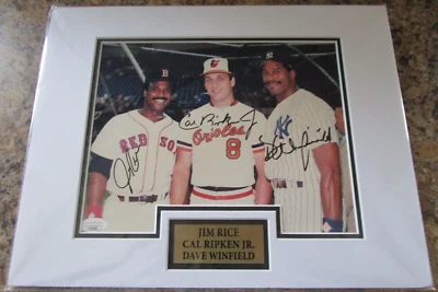 JIM RICE CAL RIPKEN JR DAVE WINFIELD TRIO SIGNED 8X10 PHOTO 11X14 MATTING JSA - Image 1 of 4