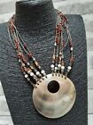 Brown Natural Shell Smooth Flat Bold Chunky Statement Necklace Costume ARTSY