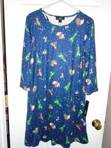 AGB Vestido Azul Elástico Tejido Mangas 3/4 con Diseño de Perro de Navidad Nuevo con Etiquetas S - Imagen 1 de 1