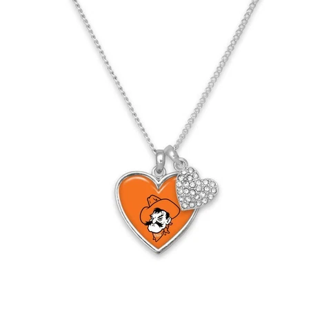 Oklahoma State Cowboys Amara Silver Crystal Heart Chain Necklace Jewelry OSU Cover
