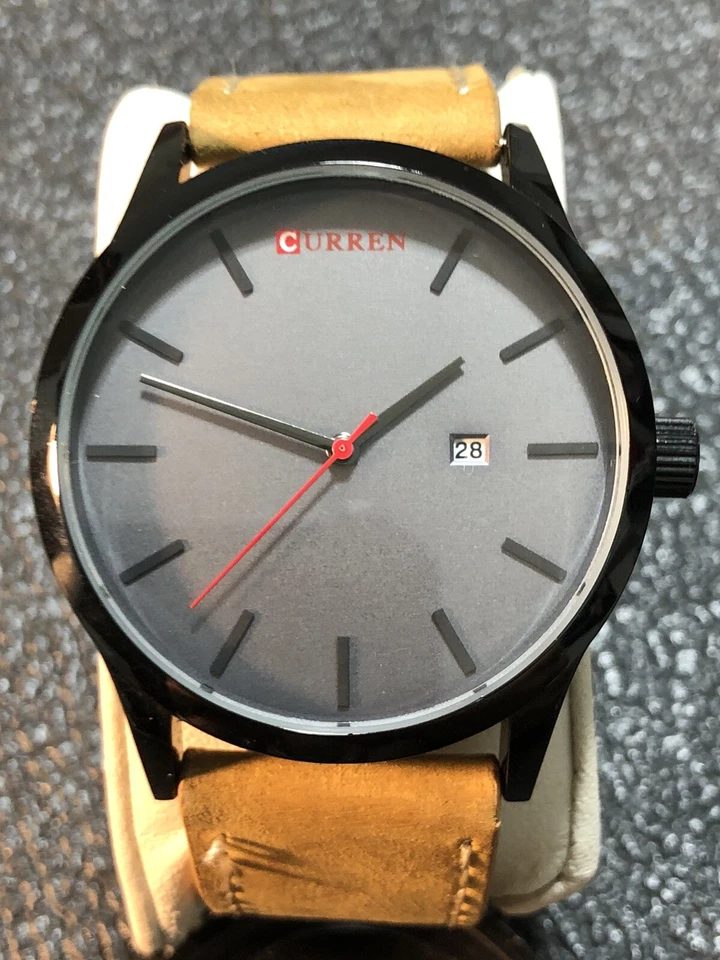 男式黑色石英表灰色表盘带日期棕色皮革表带 8 英寸 45 毫米全新电池 — 第 1/4 张图片