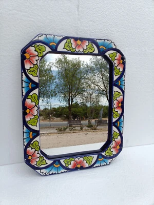 15" TALAVERA MIRROR bathroom wall decor vanity, Mexican pottery folk art hanging - Image 1 of 4