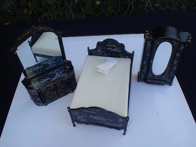 LOT 3 X Dollhouse Miniature BESPAQ Black  Chinoiserie Bed Furniture #1 l@@k! - Image 1 of 4