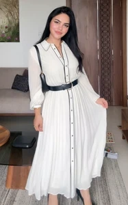 Zara Pleated Dress With Black Belt Ecru Cream White Gold Size L 4387/021 New - Picture 1 of 24