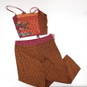 Free People Outfit Womens 7/8 Brown Red Boho Crop Wide Leg Embroidered Cotton - Picture 1 of 24