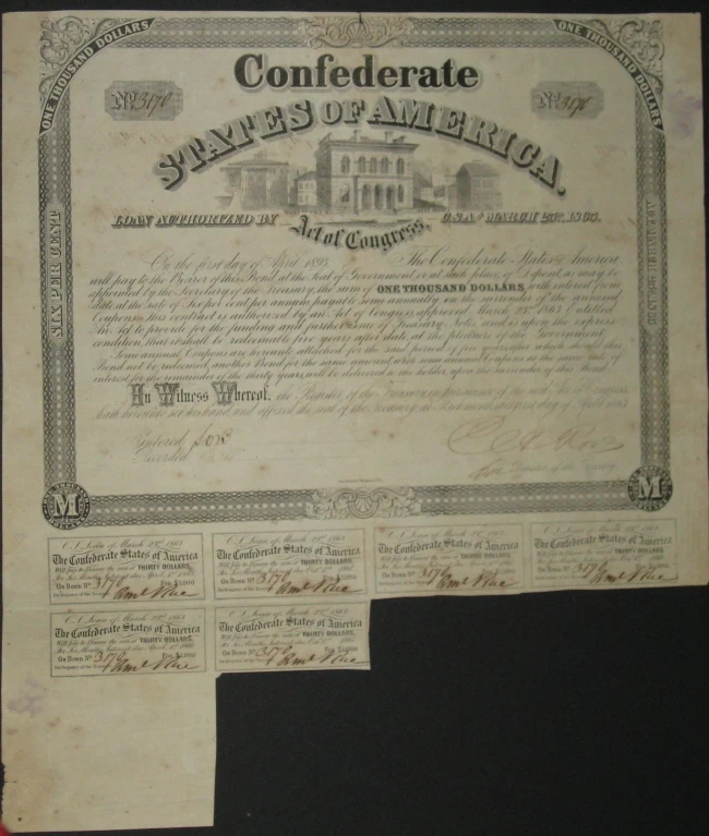 $1000 Confederate Bond, Act of Mar. 23, 1863, Richmond April 1, 1863, 6 coupons - Image 1 of 1