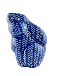 Art Studio Pottery Rabbit Bunny Figurine Blue & Tan Glaze w/ Crackle Signed - Picture 1 of 6