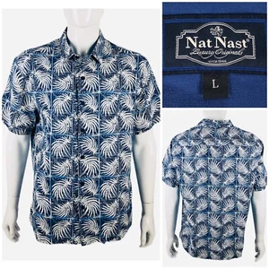 Nat Nast Mens Large Shirt Silk Cotton Blend BLUE TROPICAL Print Camp SS NWT - Picture 1 of 12