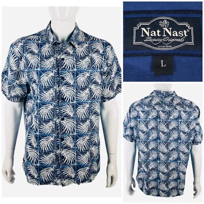Nat Nast Mens Large Shirt Silk Cotton Blend BLUE TROPICAL Print Camp SS NWT - Image 1 of 4