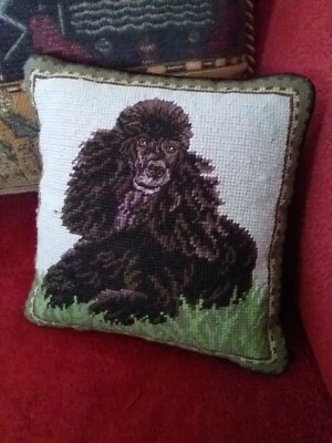 Needlepoint Pillow Black Poodle DOG Velvet Zipper Back Excellent Condition - Image 1 of 3