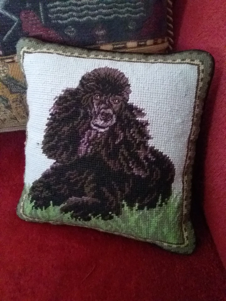 Needlepoint Pillow Black Poodle DOG Velvet Zipper Back Excellent Condition - Image 1 of 3