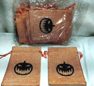20 NIP Soft Linen Drawstring Orange Pumpkin Halloween Treat Bags ~ 5.25" x 3.75"