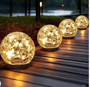 Solar Lights Outdoor Garden Globe Light Cracked Glass Ball Yard Decor Waterproof - Picture 1 of 4