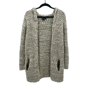 Kadence Chunky Knit Open Cardigan Medium Greige Cream Hooded Pockets - Picture 1 of 6