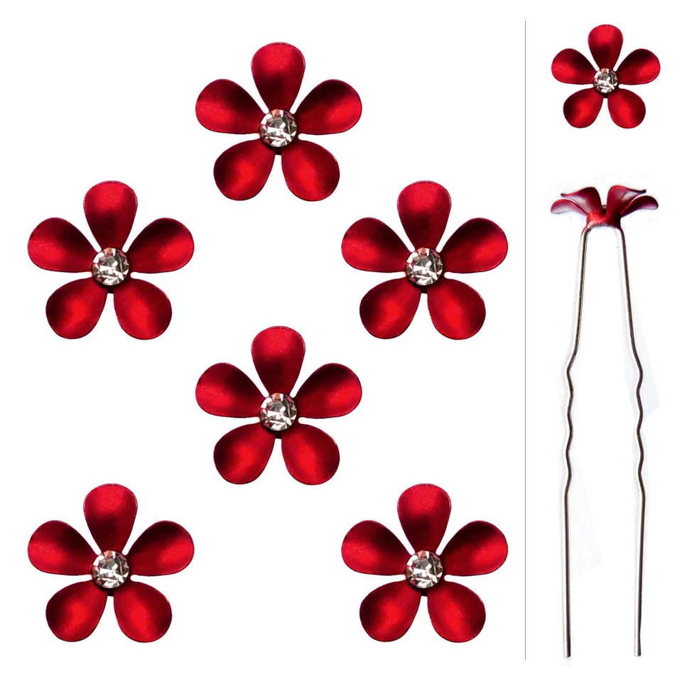 6 épingles pics cheveux chignon mariage mariée fleur métal rouge cristal blanc - Photo 1/1