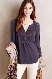 Anthropologie Anona Lace Bib Tee by Meadow Rue - Sz XSP, S (Gray) - Picture 1 of 10