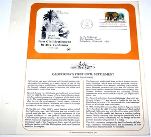 First Day of Issue Souvenir Page First Civil Settlement California 1977 Stamp - Picture 1 of 3